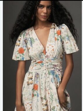 NWT Anthropologie The Katerina Button-Front Butterfly Flowers Whimsical Dress,L